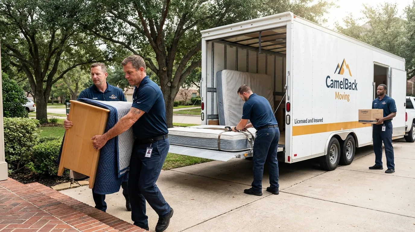 Crew loading residential truck for cross-state move from Marfa, TX