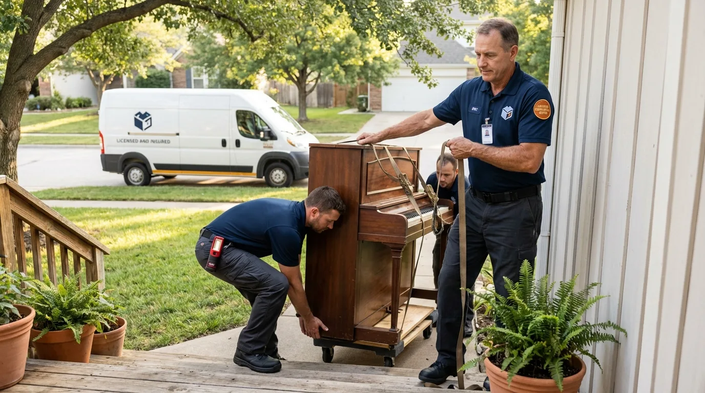 Licensed piano movers securing grand piano in Marfa, TX