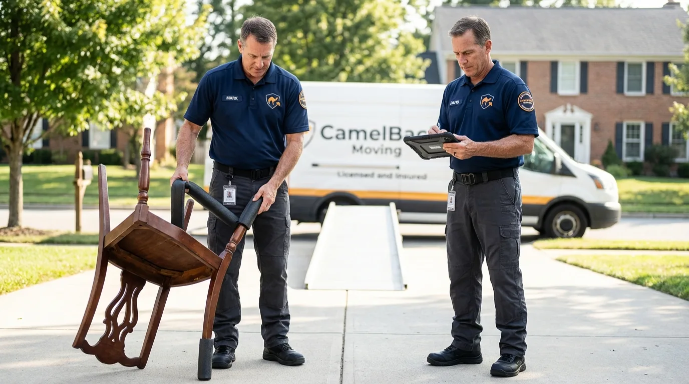 Movers inspecting furniture for damage prevention before loading in Marfa, TX