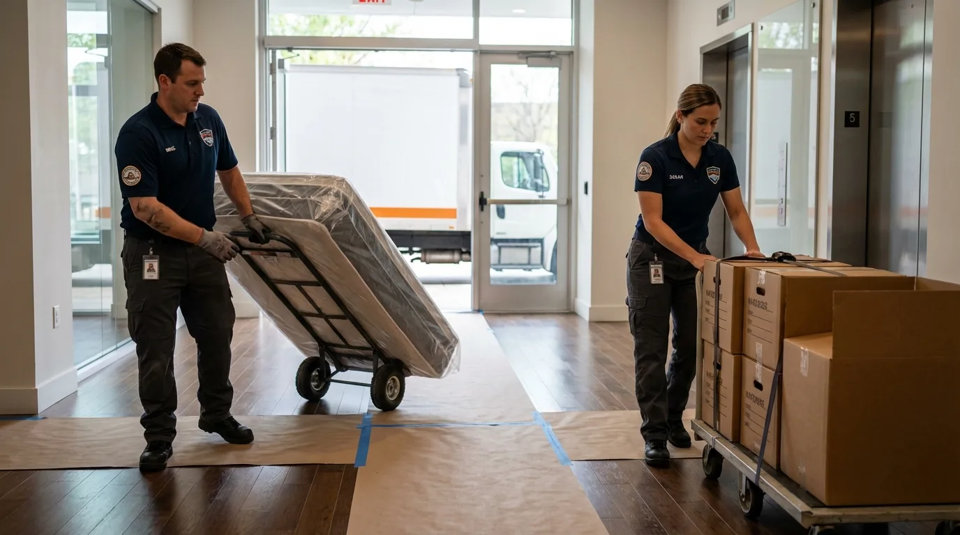 Professional apartment movers loading elevator in Marfa, TX
