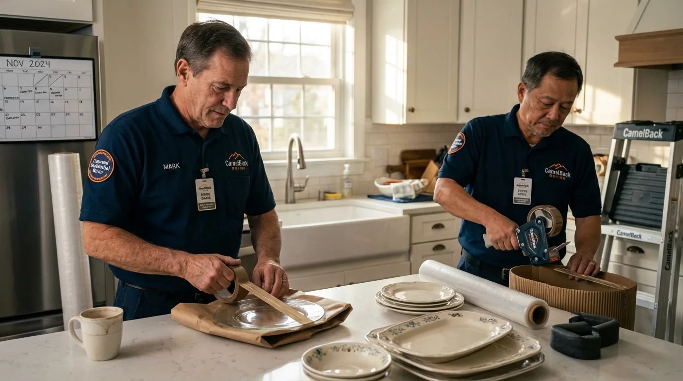 Professional crew packing kitchen dishware in Marfa, TX